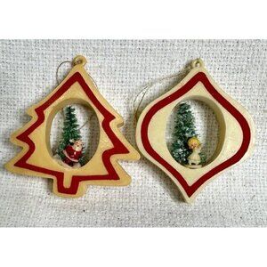 Vintage Santa And Tree Cutout Ornaments Made In Hong Kong 3” Tall